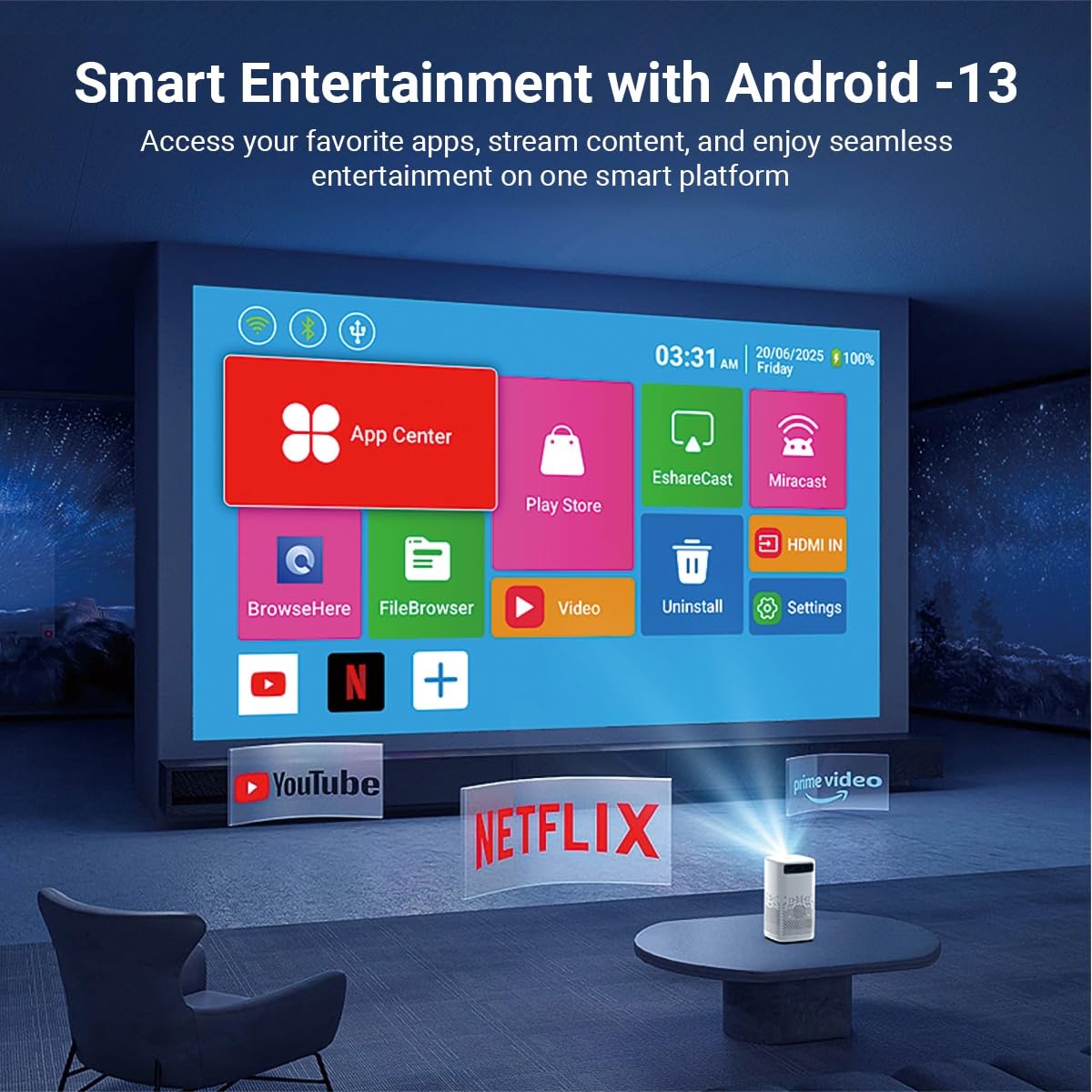 XElectron PocketBeam Android 13 Portable Smart Projector, 1080p Support, 6000 Lumens, 150 inch Screen, OTT Apps (Netflix, Prime, YouTube), Miracast, WiFi, BT, HDMI, Built-in Battery, 2hr Playtime - Image 4