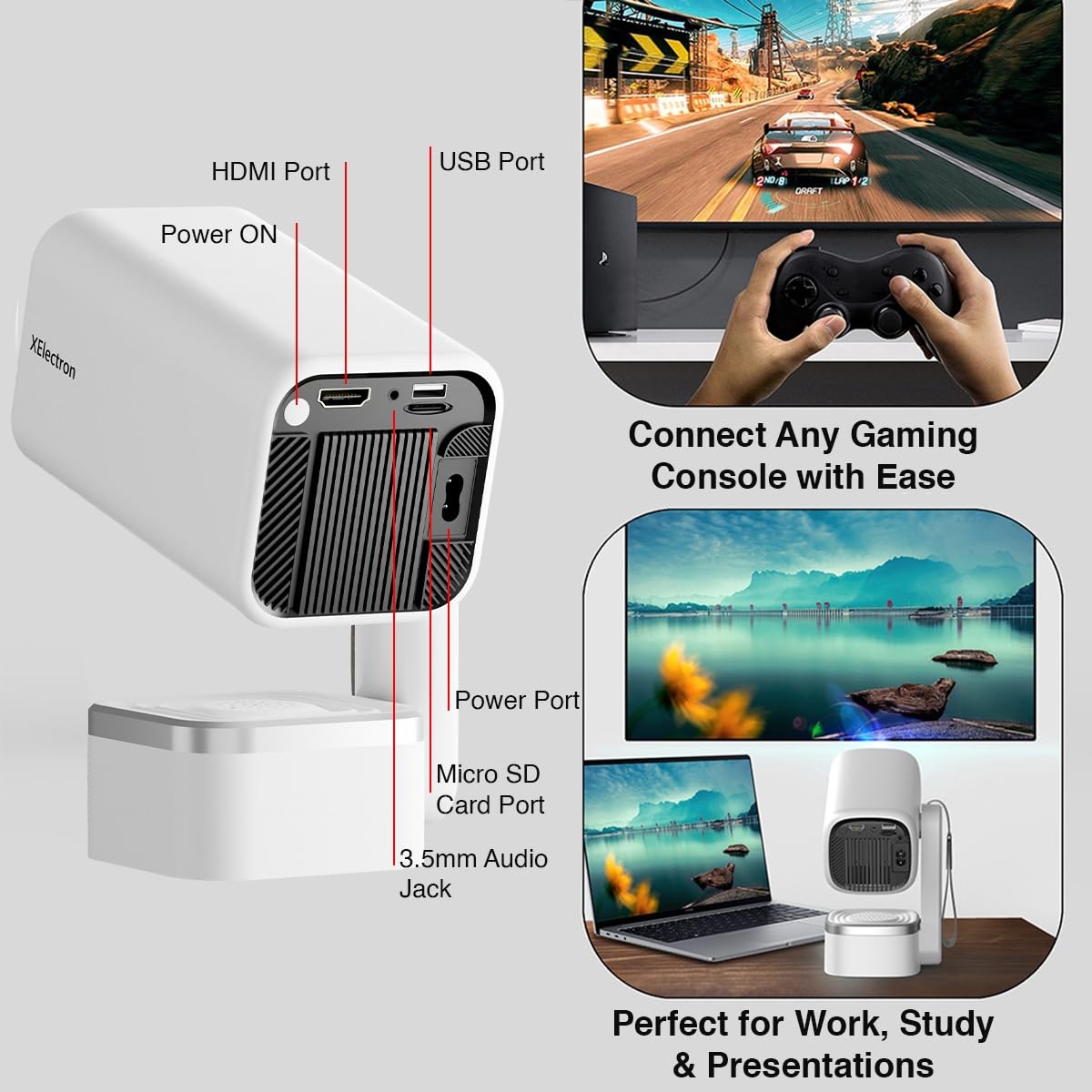 XElectron Techno Android 14 Smart Home Theater Movie HD Projector, 1080P & 4K Support, Inbuilt Speaker, Rotatable, Electric Focus, Auto & 4D Keystone with Built-in Apps, WiFi & BT, Screen Mirroring - Image 8