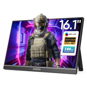 Arzopa 16.1 inch 144Hz Portable Monitor, 106% sRGB FHD 1080P Kickstand Portable Gaming Monitor with Speaker HDR, Ultra Slim, Eye Care Screen for Laptop, PC, Mobile, PS5, MacBook- USB C & HDMI Connectivity