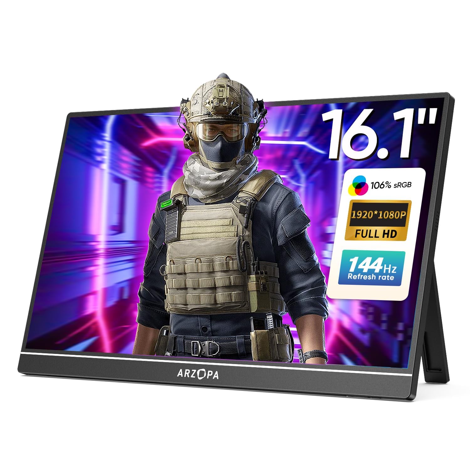 Arzopa 16.1 inch 144Hz Portable Monitor, 106% sRGB FHD 1080P Kickstand Portable Gaming Monitor with Speaker HDR, Ultra Slim, Eye Care Screen for Laptop, PC, Mobile, PS5, MacBook- USB C & HDMI Connectivity