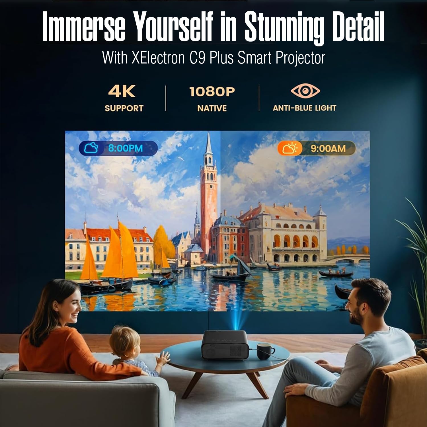 XElectron Android C9 Plus 1080P Native Resolution Full HD 4K Support Smart Projector | 635 cm Screen | 12600 Lumen (Brightest in Segment) | Auto Focus, Auto Keystone, Screen Mirroring, WiFi, Bluetooth - Image 2