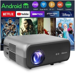XElectron Android C9 Plus 1080P Native Resolution Full HD 4K Support Smart Projector | 635 cm Screen | 12600 Lumen (Brightest in Segment) | Auto Focus, Auto Keystone, Screen Mirroring, WiFi, Bluetooth