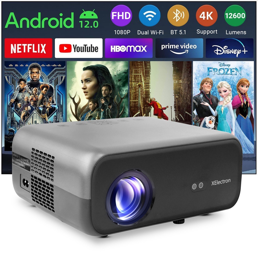 XElectron Android C9 Plus 1080P Native Resolution Full HD 4K Support Smart Projector | 635 cm Screen | 12600 Lumen (Brightest in Segment) | Auto Focus, Auto Keystone, Screen Mirroring, WiFi, Bluetooth
