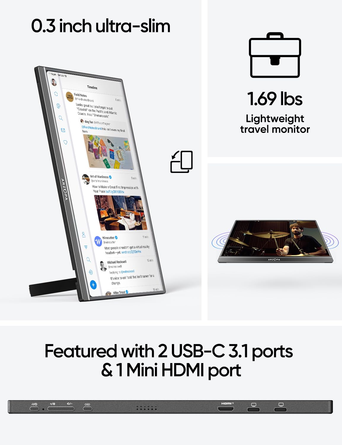 ARZOPA 17.3'' Portable Monitor,103% sRGB FHD 1080P IPS Gaming Monitor Laptop Monitor with Built-in Kickstand Speaker HDMI USB C 60Hz External Screen for PC MacBook Mobile Xbox PS5 - Image 4